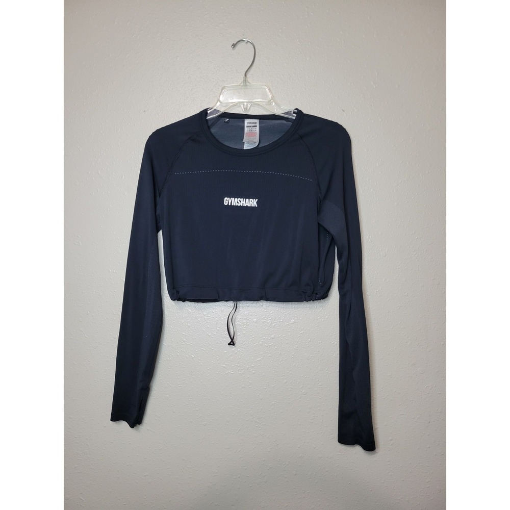 Gymshark Women's Black Training Crop Top Long Sleeve Drawstring Sz S‎